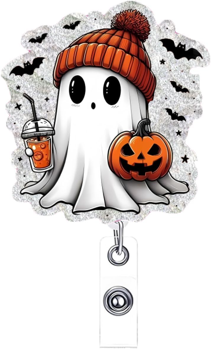 NSSHEL Cute Little Ghost Halloween Badge Reel Pumpkin Badge Reel Retractable with Clip Gifts for Nurse Doctor Teacher Colleague Acrylic Badge Holder with Metal Alligator Clip Design Cute Spooky Badges Holder - Image 1